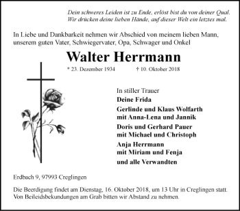 Traueranzeige von Walter Herrmann von Fränkische Nachrichten