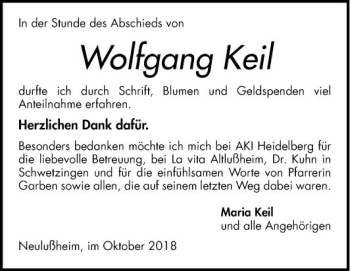 Traueranzeige von Wolfgang Keil von Schwetzinger Zeitung