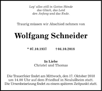 Traueranzeige von Wolfgang Schneider von Schwetzinger Zeitung