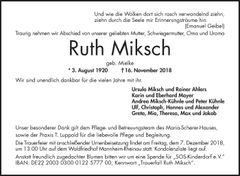 Traueranzeige von Ruth Miksch 