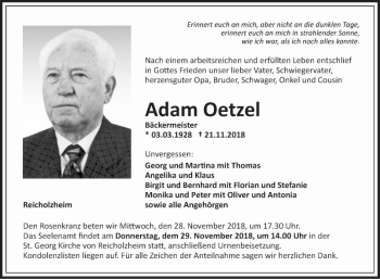 Traueranzeige von Adam Oetzel von Fränkische Nachrichten