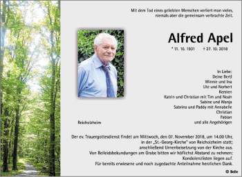 Traueranzeige von Alfred Apel von Fränkische Nachrichten