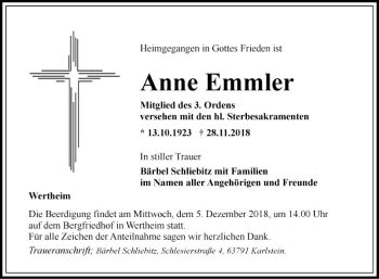 Traueranzeige von Anne Emmler von Fränkische Nachrichten