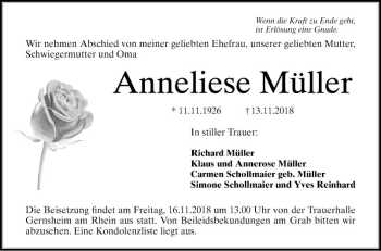 Traueranzeige von Anneliese Müller von Südhessen Morgen