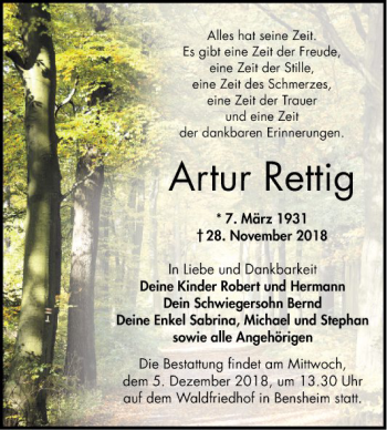 Traueranzeige von Artur Rettig von Bergsträßer Anzeiger