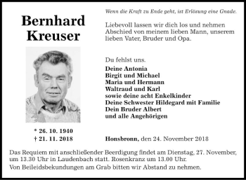 Traueranzeige von Bernhard Kreuser von Fränkische Nachrichten