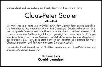 Traueranzeige von Claus-Peter Sauter von Mannheimer Morgen