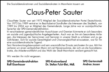 Traueranzeige von Claus-Peter Sauter von Mannheimer Morgen