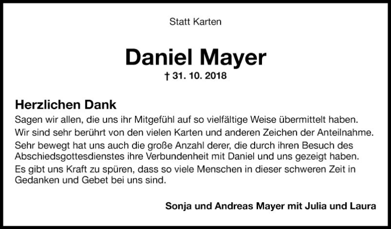  Traueranzeige für Daniel Mayer vom 22.11.2018 aus Fränkische Nachrichten