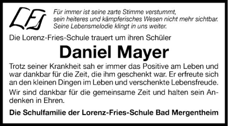  Traueranzeige für Daniel Mayer vom 05.11.2018 aus Fränkische Nachrichten