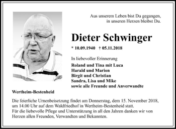 Traueranzeige von Dieter Schwinger von Fränkische Nachrichten