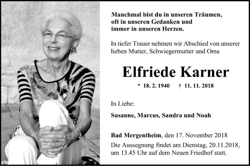  Traueranzeige für Elfriede Karner vom 17.11.2018 aus Fränkische Nachrichten