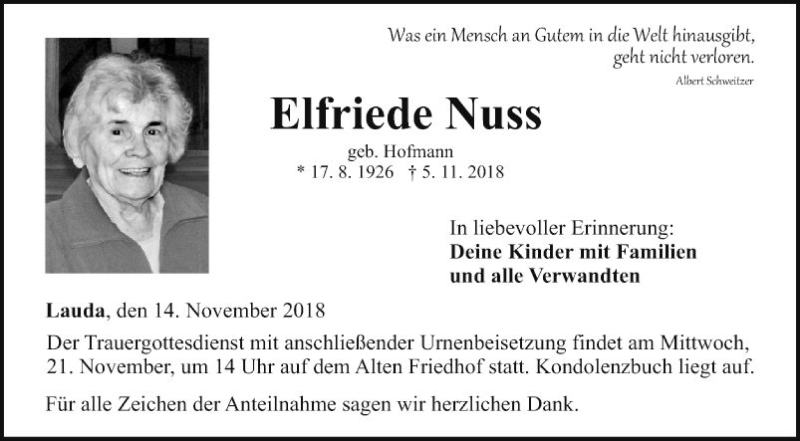  Traueranzeige für Elfriede Nuss vom 14.11.2018 aus Fränkische Nachrichten