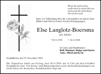 Traueranzeige von Else Langlotz-Boersma von Schwetzinger Zeitung