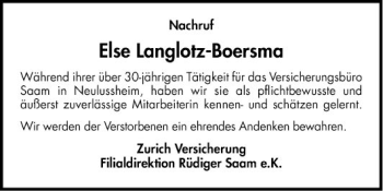 Traueranzeige von Else Langlotz-Boersma von Schwetzinger Zeitung