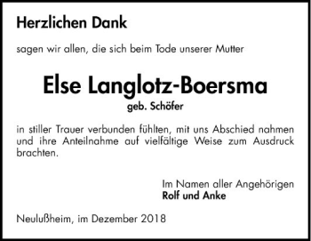 Traueranzeige von Else Langlotz-Boersma von Schwetzinger Zeitung