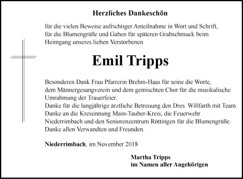  Traueranzeige für Emil Tripps vom 09.11.2018 aus Fränkische Nachrichten