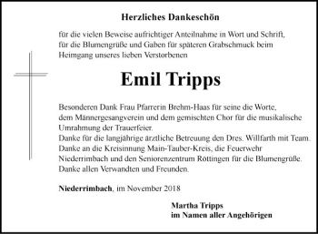 Traueranzeige von Emil Tripps von Fränkische Nachrichten