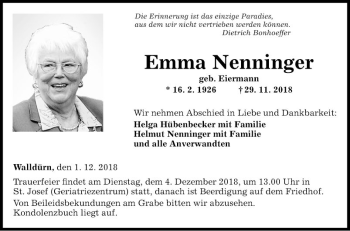 Traueranzeige von Emma Nennfinger von Fränkische Nachrichten