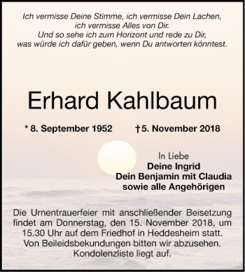 Traueranzeige von Erhard Kahlbaum von Mannheimer Morgen