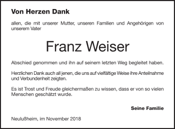 Traueranzeige von Franz Weiser von Schwetzinger Zeitung