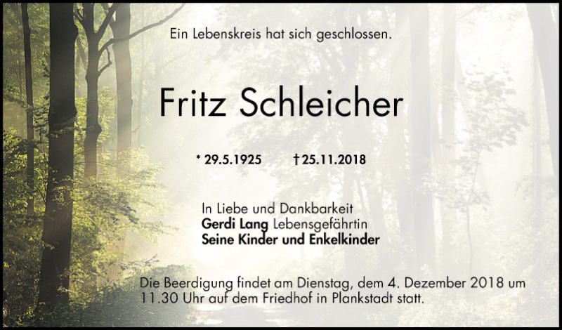  Traueranzeige für Fritz Schleicher vom 28.11.2018 aus Schwetzinger Zeitung