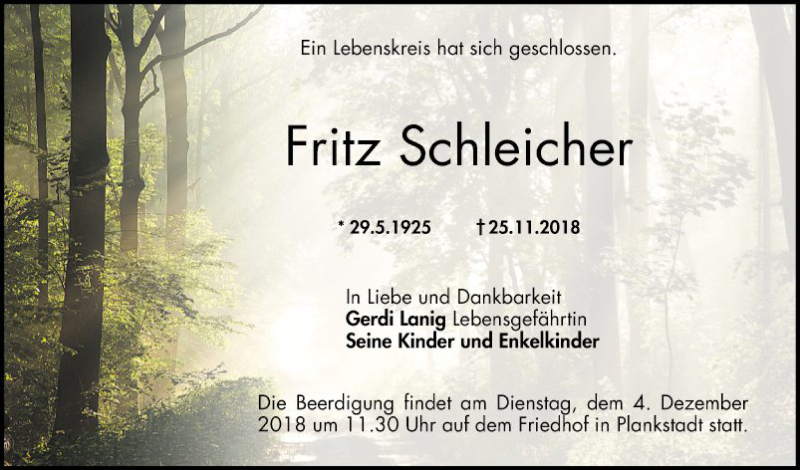  Traueranzeige für Fritz Schleicher vom 29.11.2018 aus Schwetzinger Zeitung