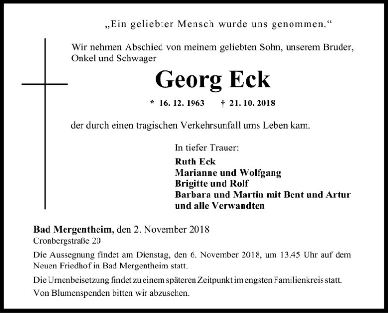  Traueranzeige für Georg Eck vom 02.11.2018 aus Fränkische Nachrichten