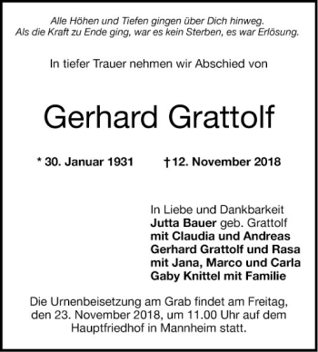 Traueranzeige von Gerhard Grattolf von Mannheimer Morgen