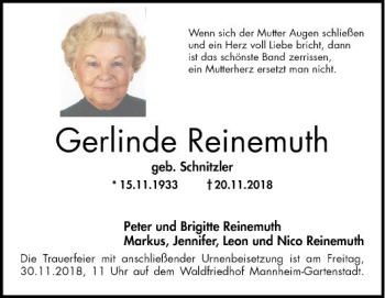 Traueranzeige von Gerlinde Reinemuth von Mannheimer Morgen