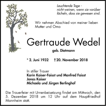 Traueranzeige von Gertraude Wedel von Mannheimer Morgen