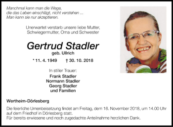 Traueranzeige von Gertrud Stadler von Fränkische Nachrichten