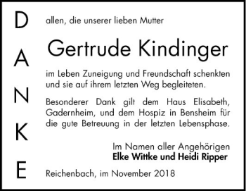 Traueranzeige von Gertrude Kindinger von Bergsträßer Anzeiger