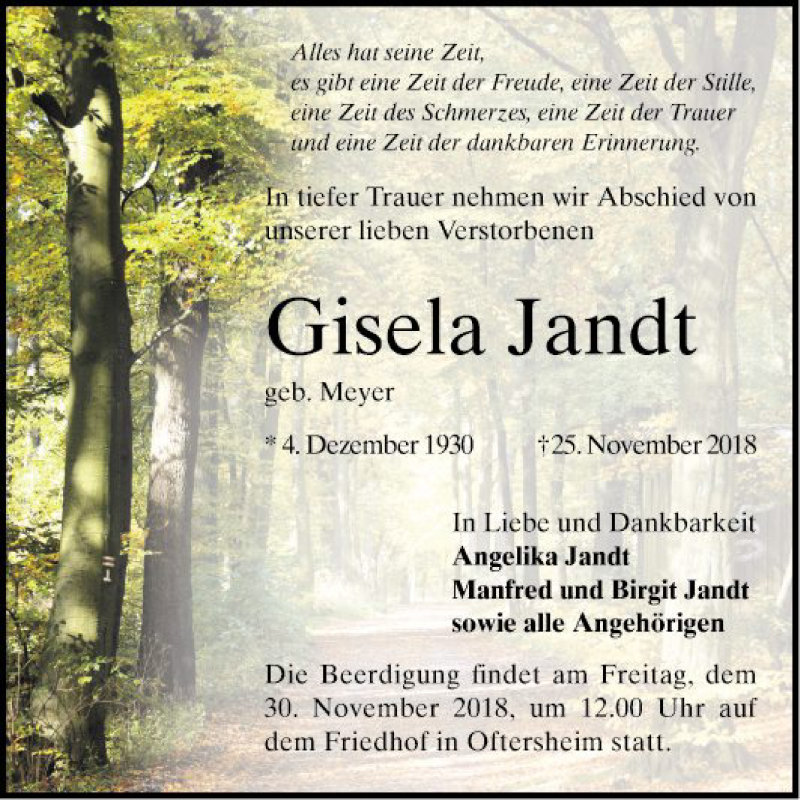  Traueranzeige für Gisela Jandt vom 28.11.2018 aus Schwetzinger Zeitung