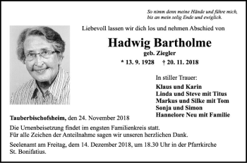 Traueranzeige von Hadwig Bartholme von Fränkische Nachrichten