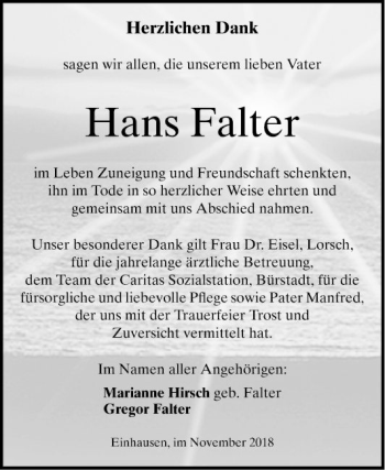 Traueranzeige von Hans Falter von Bergsträßer Anzeiger