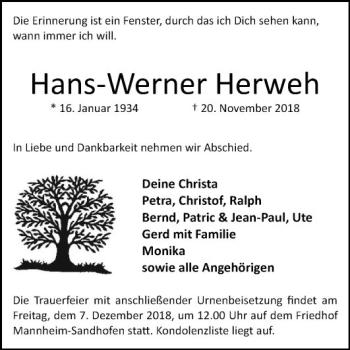 Traueranzeige von Hans Werner Herweh von Mannheimer Morgen