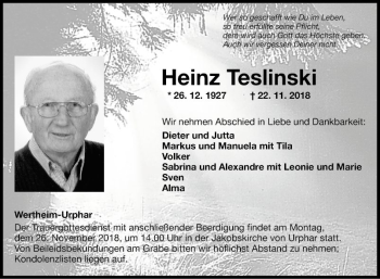 Traueranzeige von Heinz Teslinski von Fränkische Nachrichten