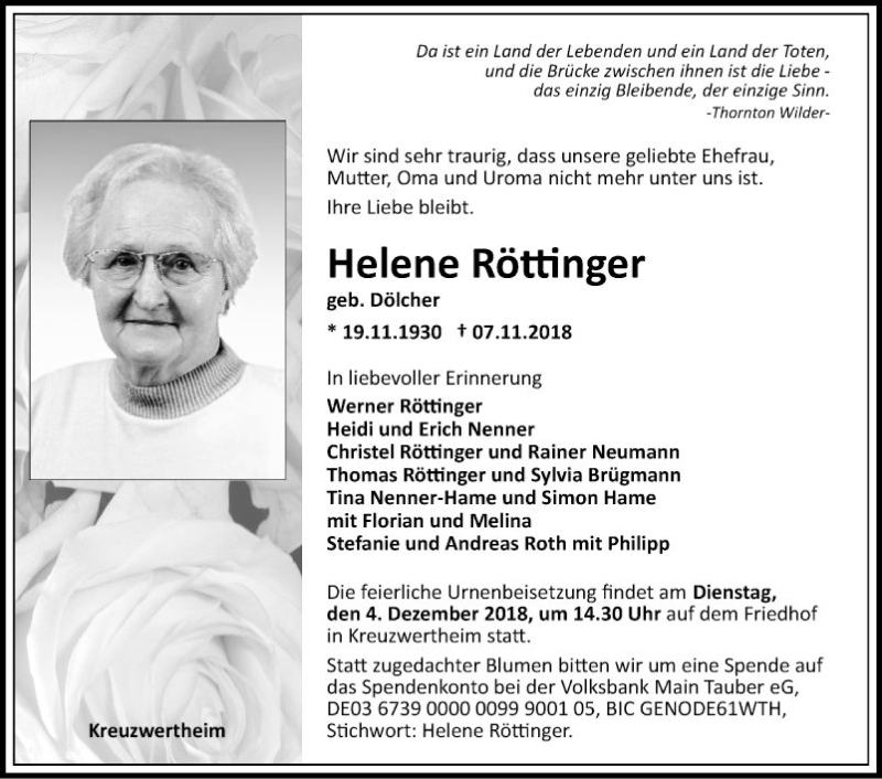 Traueranzeige für Helene Röttinger vom 24.11.2018 aus Fränkische Nachrichten