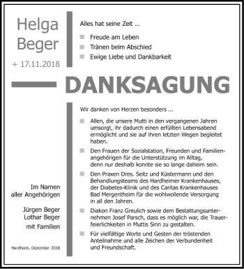 Traueranzeige von Helga Beger von Fränkische Nachrichten