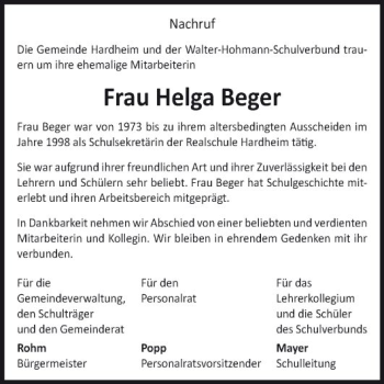 Traueranzeige von Helga Beger von Fränkische Nachrichten