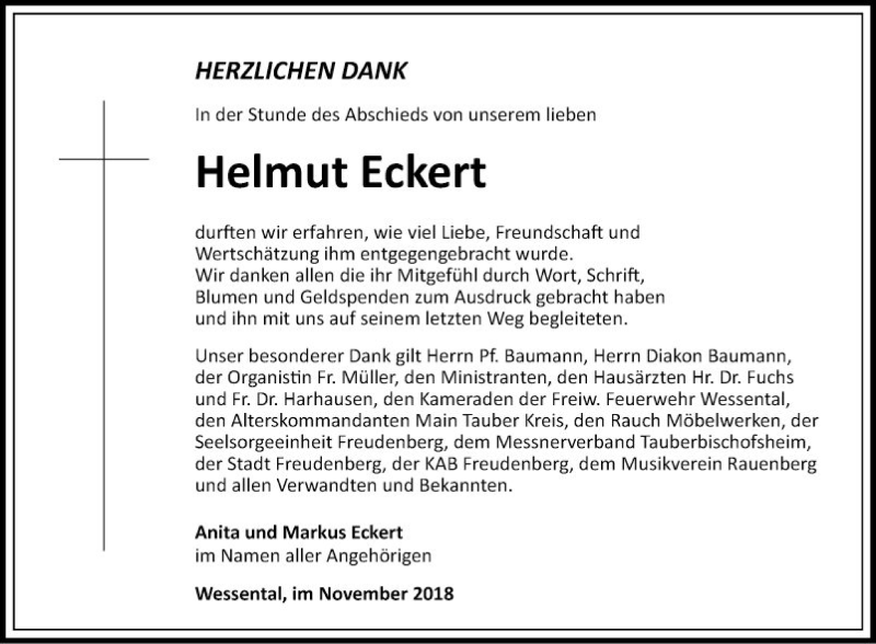  Traueranzeige für Helmut Eckert vom 10.11.2018 aus Fränkische Nachrichten