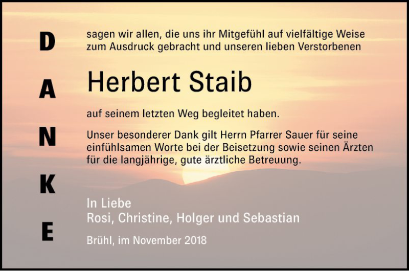  Traueranzeige für Herbert Staib vom 10.11.2018 aus Schwetzinger Zeitung