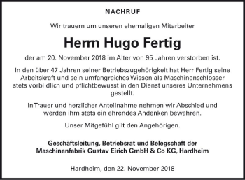 Traueranzeige von Hugo Fertig von Fränkische Nachrichten