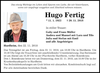 Traueranzeige von Hugo Fertig von Fränkische Nachrichten