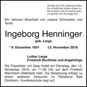 Traueranzeige von Ingeborg Henninger von Mannheimer Morgen