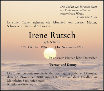 Traueranzeige von Irene Rutsch von Mannheimer Morgen