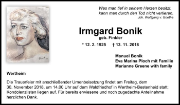 Traueranzeige von Irmgard Bonik von Fränkische Nachrichten