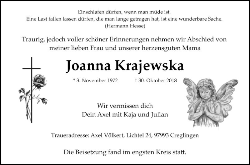  Traueranzeige für Joanna Krajewska vom 16.11.2018 aus Fränkische Nachrichten