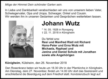 Traueranzeige von Johann Wutz von Fränkische Nachrichten